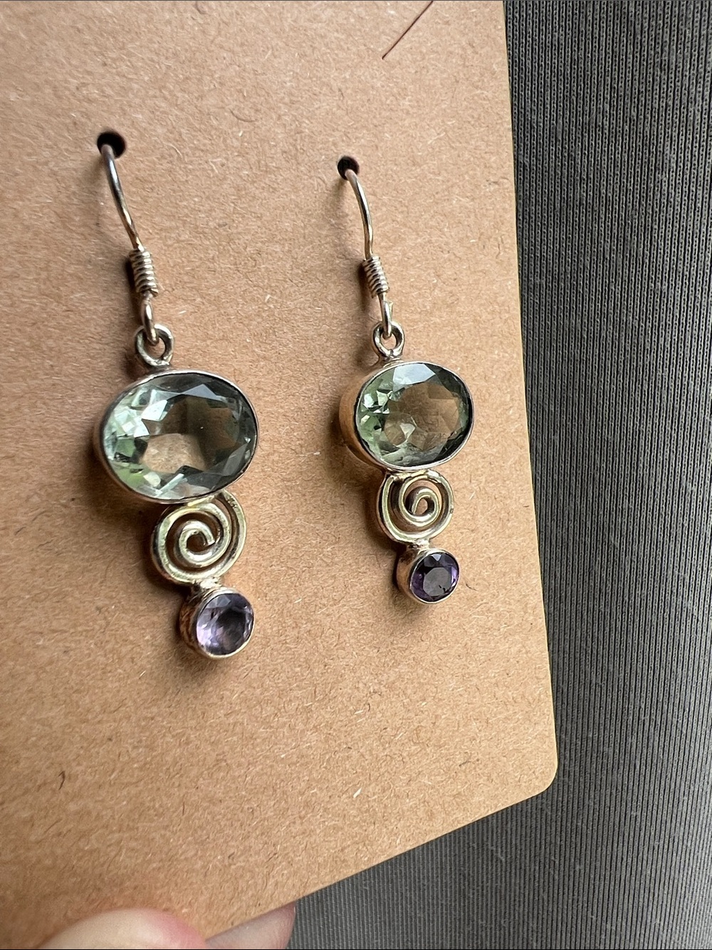 Sterling Silver Drop Earrings with Light Green and Purple Stones